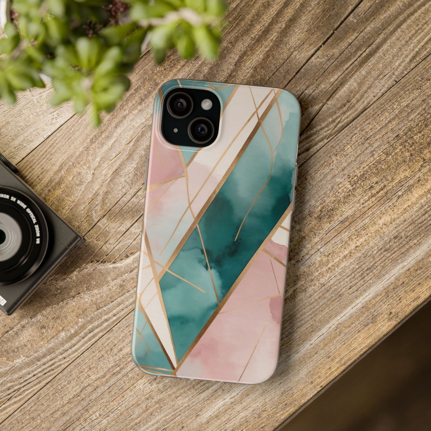 Watercolour Wash & Geometric Gold Lines Phone Case - Pink, Teal & Cream