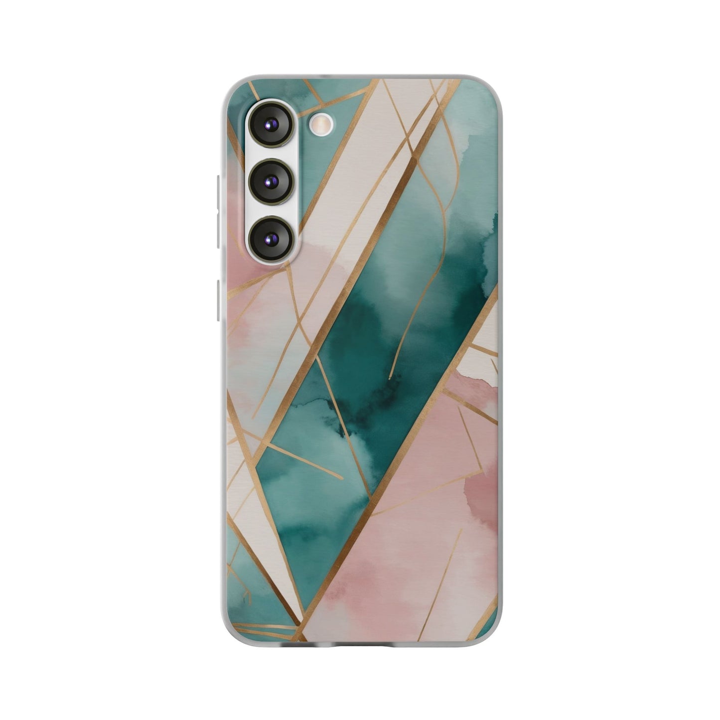 Watercolour Wash & Geometric Gold Lines Phone Case - Pink, Teal & Cream
