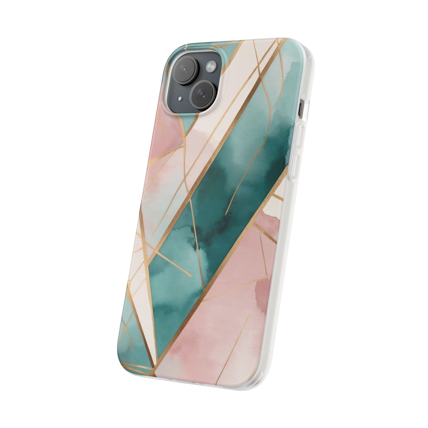 Watercolour Wash & Geometric Gold Lines Phone Case - Pink, Teal & Cream