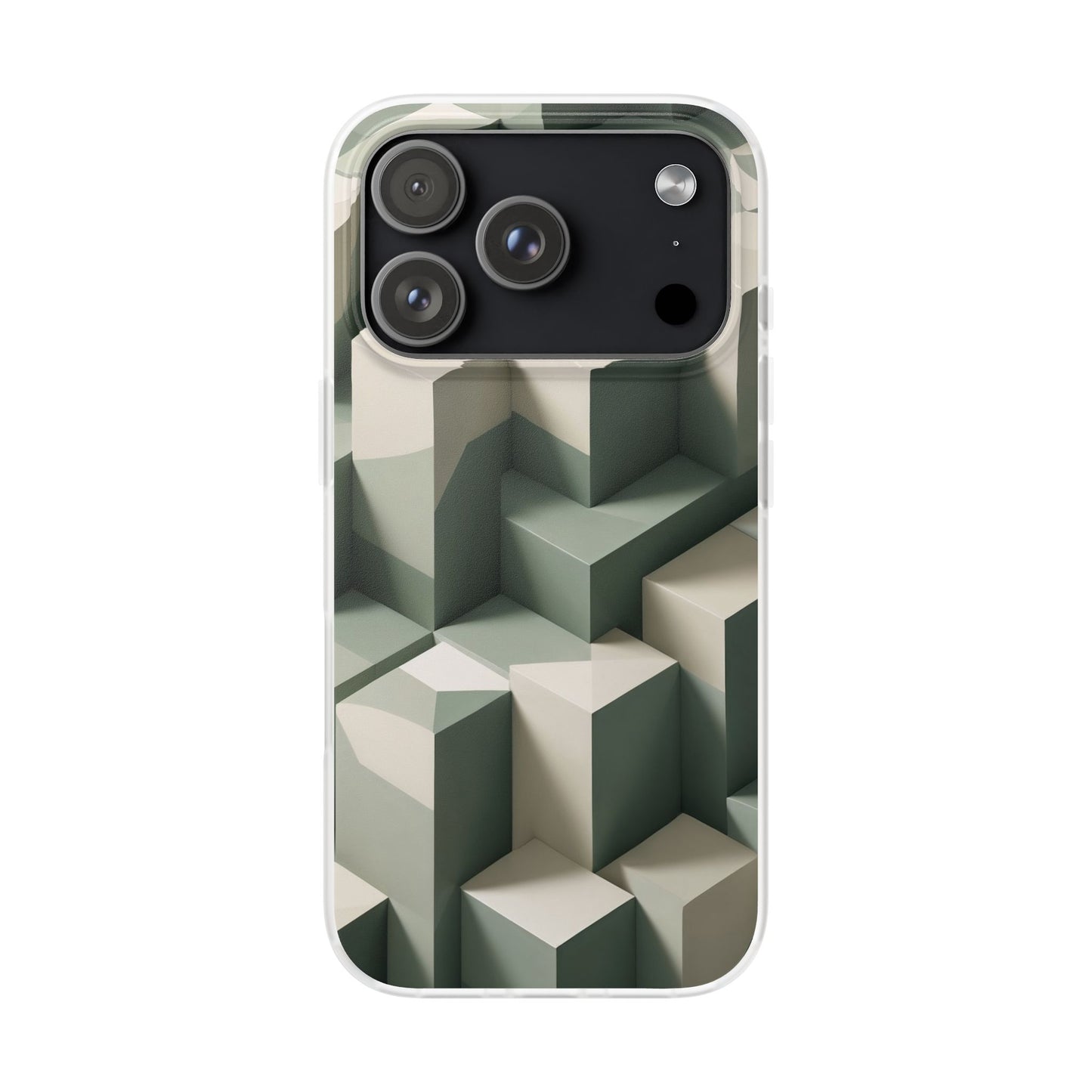 Minimal Isometric Cube Pattern Phone Case – Sage, Ivory & Grey 3D Effect