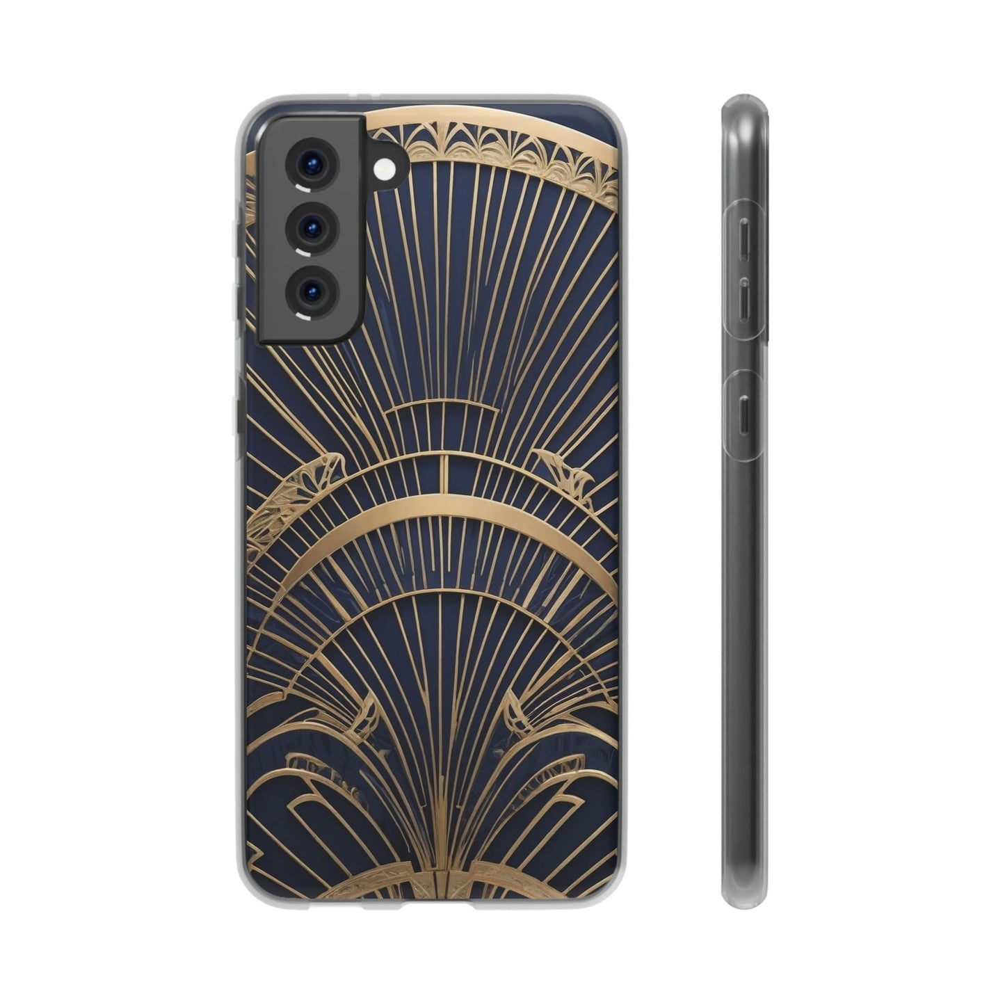 Art Deco Fan Motif Phone Case - Navy & Gold Luxury Design