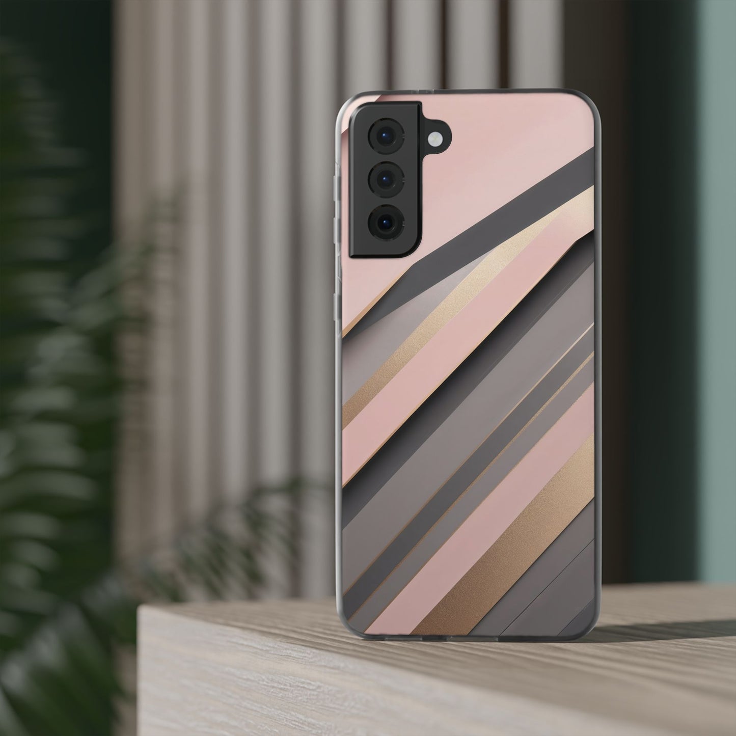 Diagonal Stripe Gradient Phone Case - Blush Pink & Grey with Gold Accents
