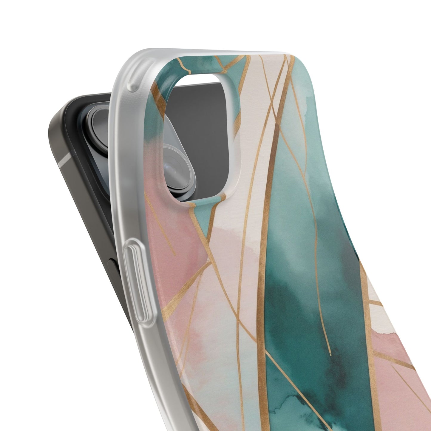 Watercolour Wash & Geometric Gold Lines Phone Case - Pink, Teal & Cream
