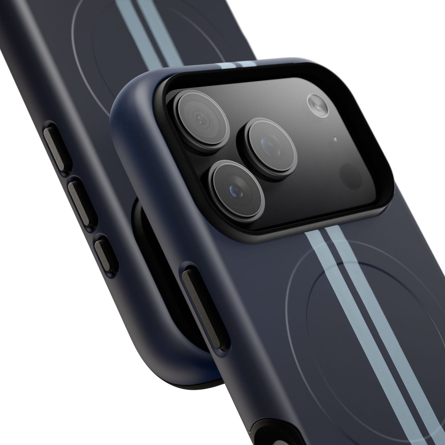 Navy Racing Stripe Matte iPhone Case - Dual Stripe Sport Design, Shockproof MagSafe® Compatible