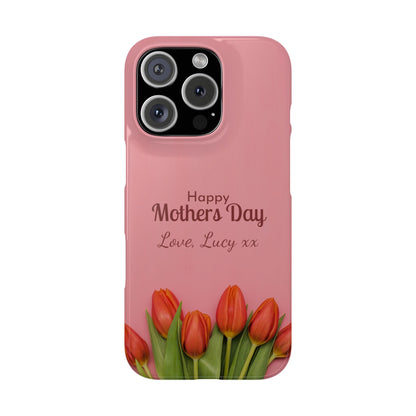 Personalised Mother’s Day iPhone Case - Pink Tulip Floral Design with Custom Name