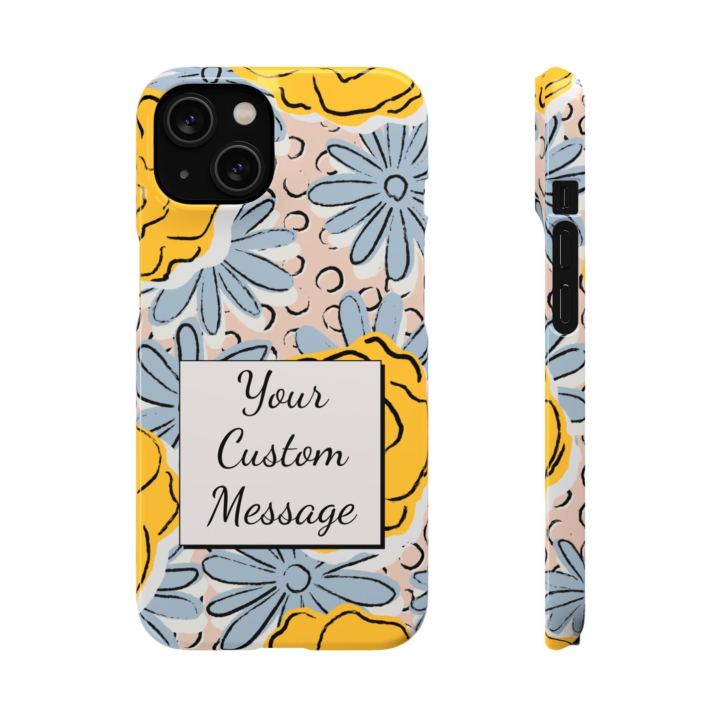 Personalised Floral iPhone Case - Custom Message Gift with Bold Yellow & Blue Flowers