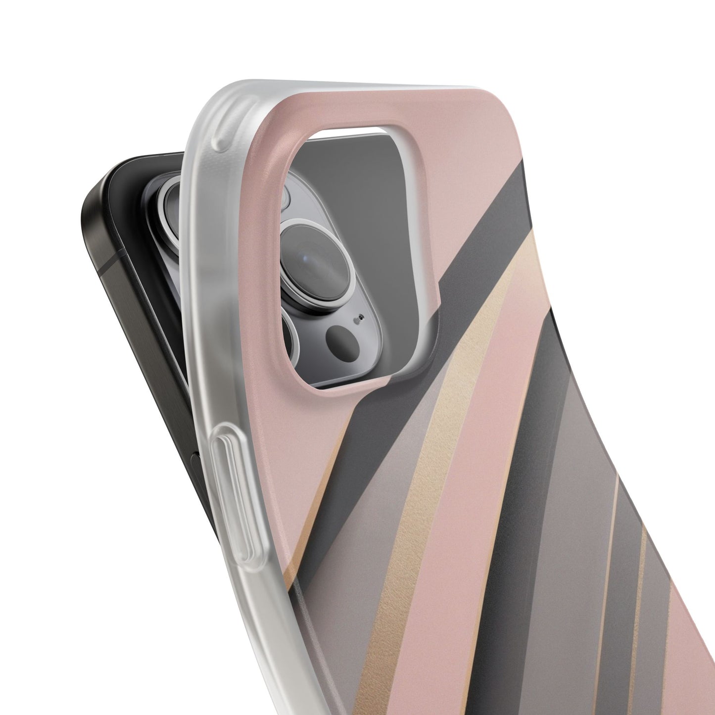Diagonal Stripe Gradient Phone Case - Blush Pink & Grey with Gold Accents