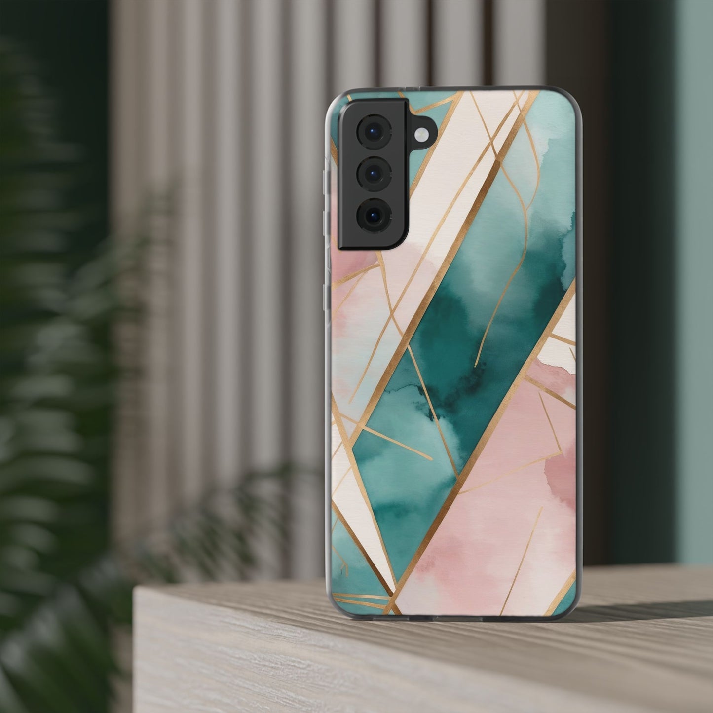 Watercolour Wash & Geometric Gold Lines Phone Case - Pink, Teal & Cream