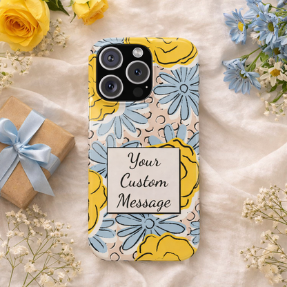 Personalised Floral iPhone Case - Custom Message Gift with Bold Yellow & Blue Flowers