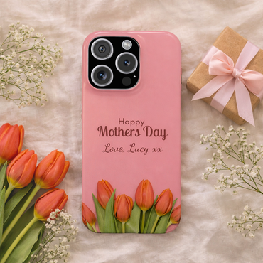 Personalised Mother’s Day iPhone Case - Pink Tulip Floral Design with Custom Name