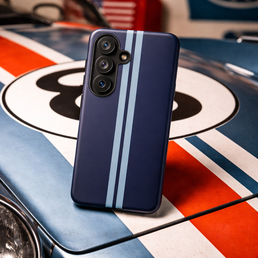 Samsung Galaxy Racing Stripe Phone Case - Navy Blue Matte Tough Protective Cover