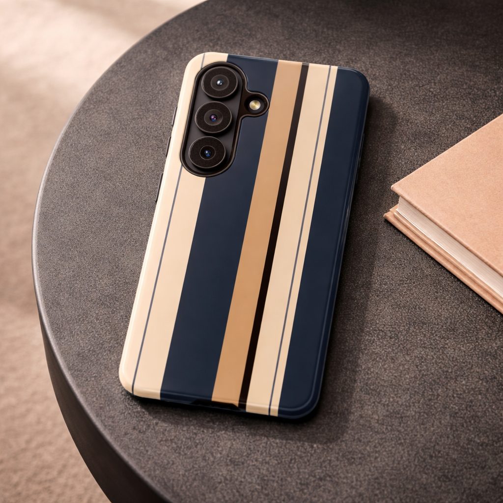 Samsung Galaxy Neutral Stripe Phone Case - Beige Navy Matte Tough Protective Cover