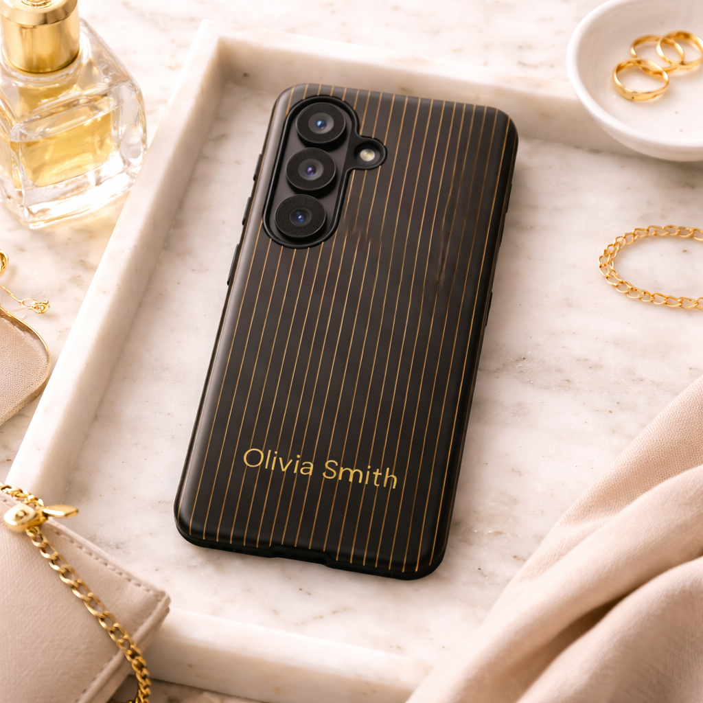 Samsung Galaxy Personalised Black Pinstripe Phone Case - Custom Name Matte Tough Protective Cover