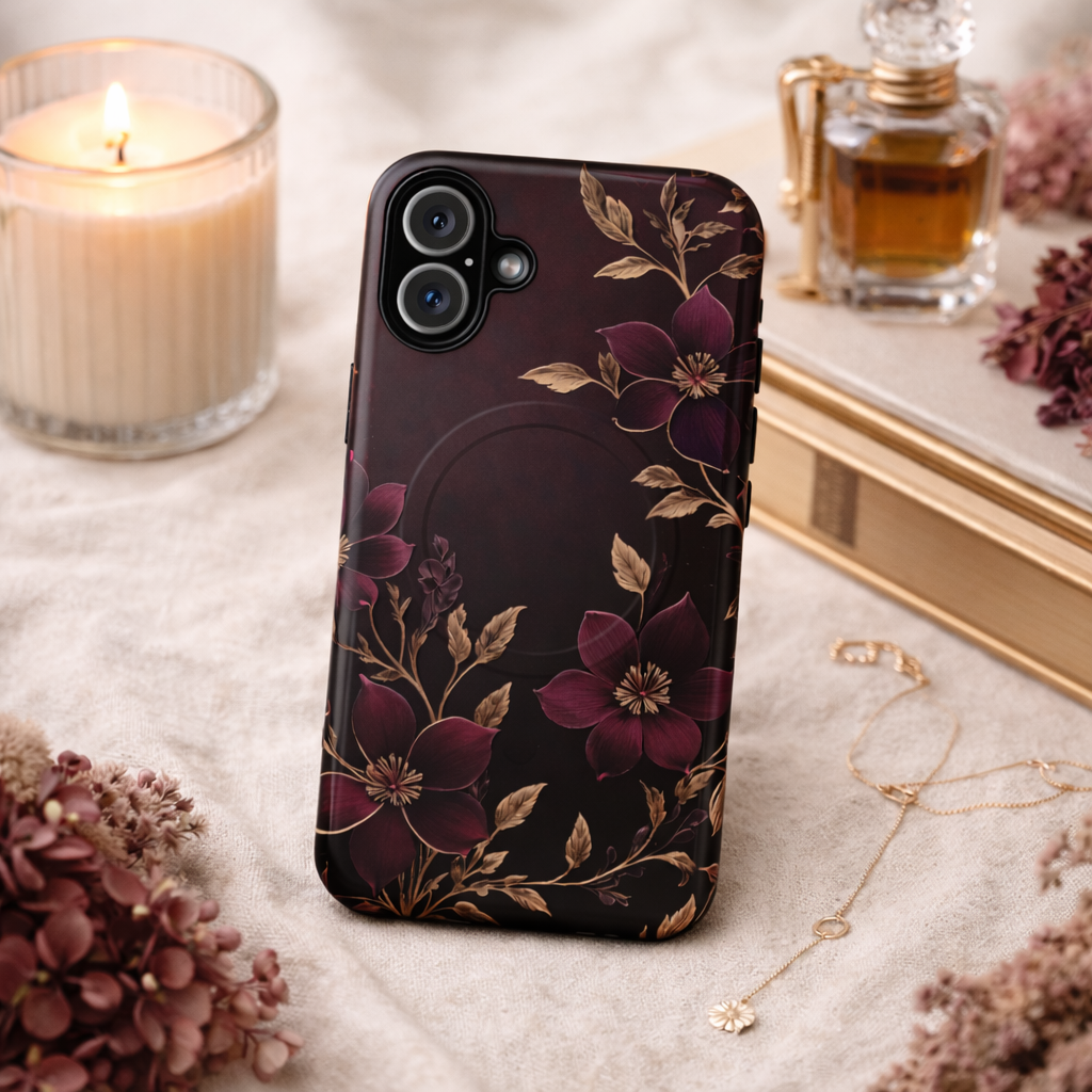 Velvet Noir Floral iPhone Case - Premium MagSafe Protective Cover