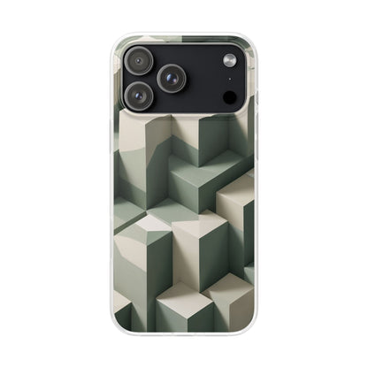 Minimal Isometric Cube Pattern Phone Case – Sage, Ivory & Grey 3D Effect