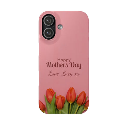 Personalised Mother’s Day iPhone Case - Pink Tulip Floral Design with Custom Name