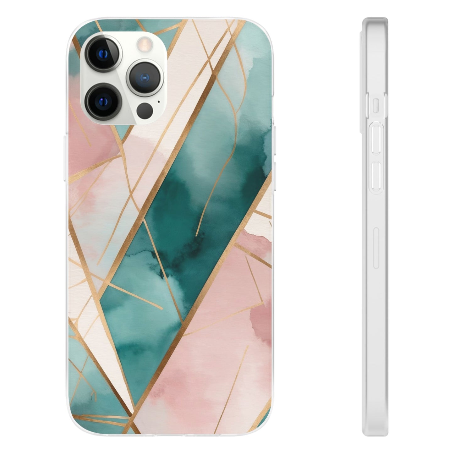 Watercolour Wash & Geometric Gold Lines Phone Case - Pink, Teal & Cream