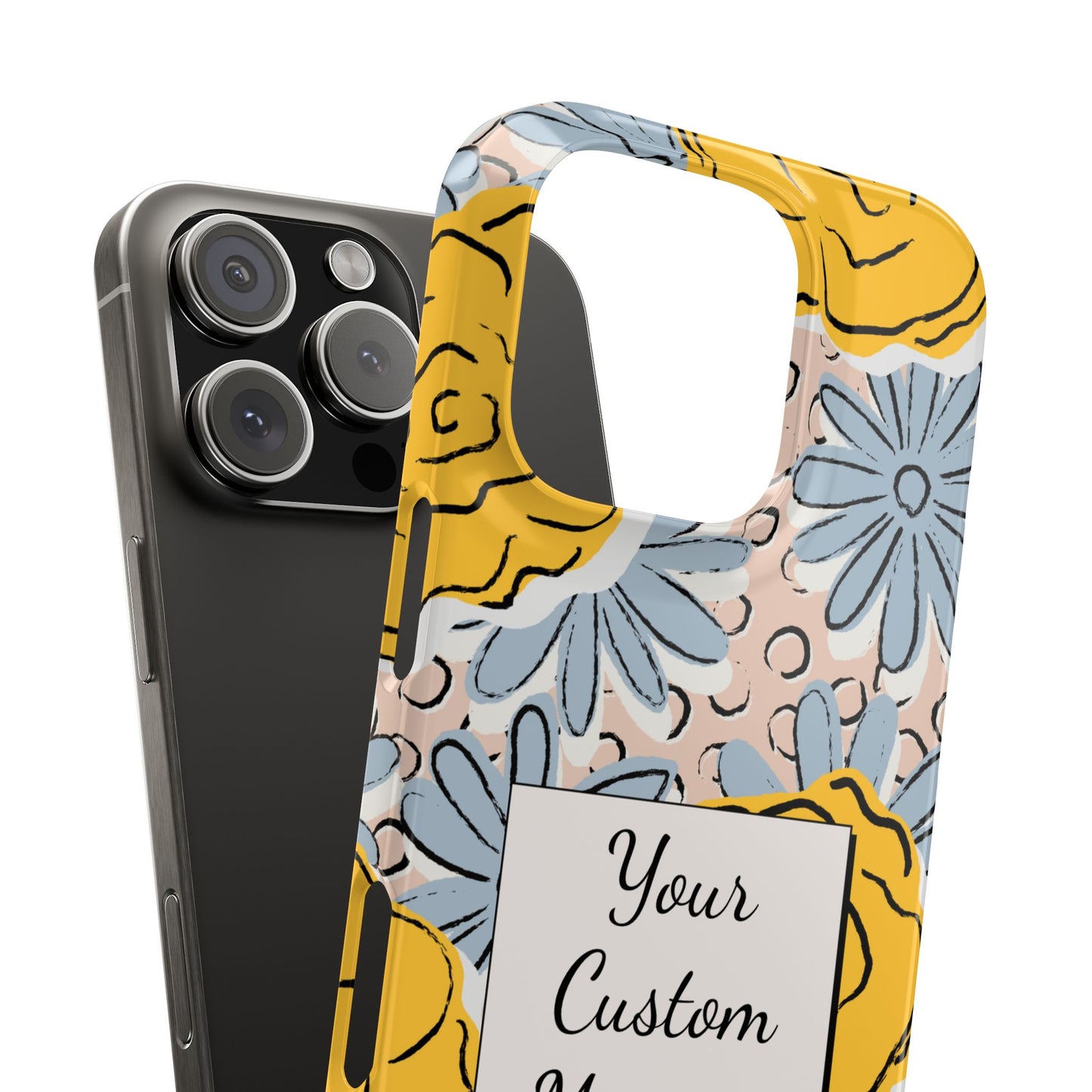 Personalised Floral iPhone Case - Custom Message Gift with Bold Yellow & Blue Flowers
