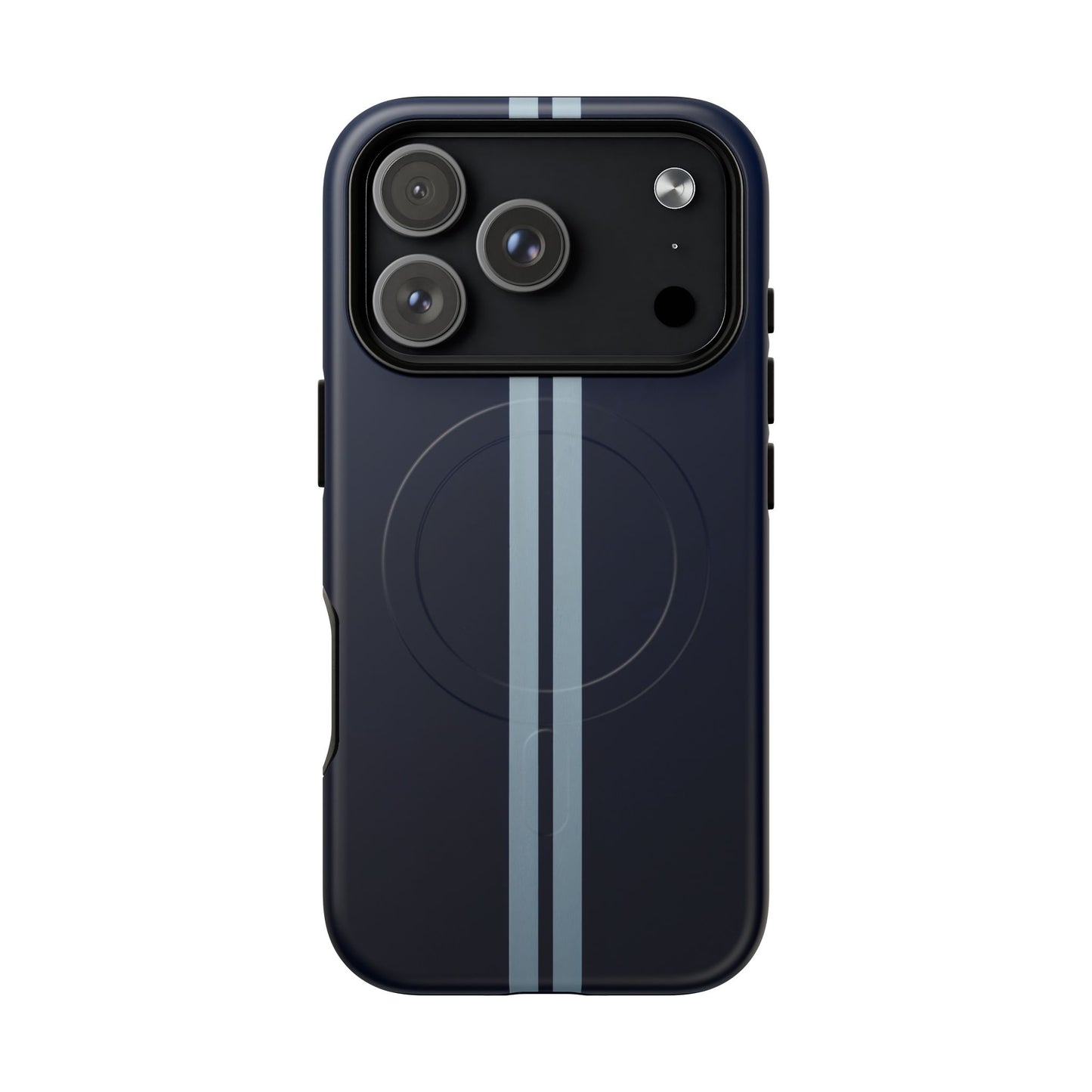 Navy Racing Stripe Matte iPhone Case - Dual Stripe Sport Design, Shockproof MagSafe® Compatible