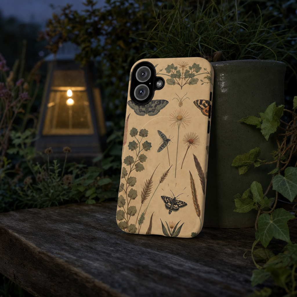 British Moth Trap Garden iPhone Case – Vintage Botanical Night Design lifestyle image