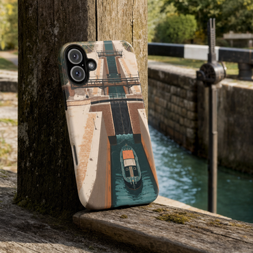 Ascending Lockway Narrowboat Canal Art MagSafe-Compatible iPhone Case lifestyle image
