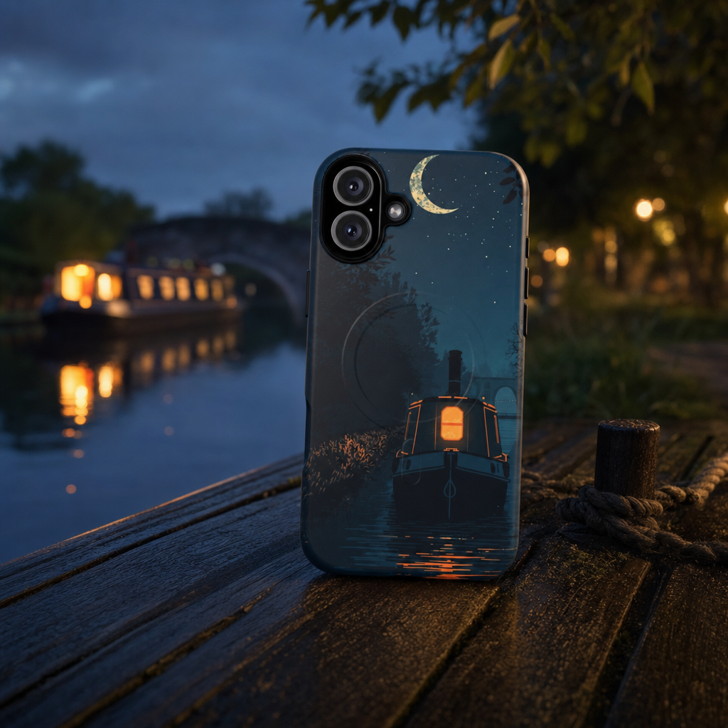 iPhone Night Narrowboat Canal Premium MagSafe Case lifestyle image