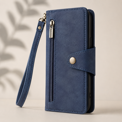 Luxury Wallet Phone Case with Zip Pocket, Card Holder & Wrist Strap