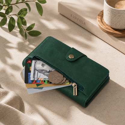Luxury Wallet Phone Case with Zip Pocket, Card Holder & Wrist Strap