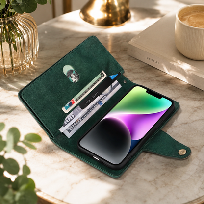 Luxury Wallet Phone Case with Zip Pocket, Card Holder & Wrist Strap