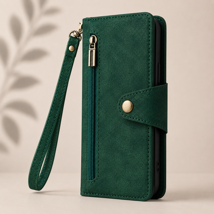 Luxury Wallet Phone Case with Zip Pocket, Card Holder & Wrist Strap
