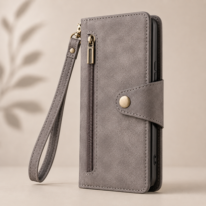 Luxury Wallet Phone Case with Zip Pocket, Card Holder & Wrist Strap