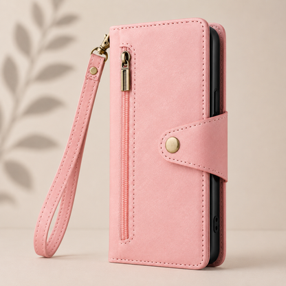 Samsung Luxury Wallet Case with Zip Pocket, Card Holder & Wrist Strap