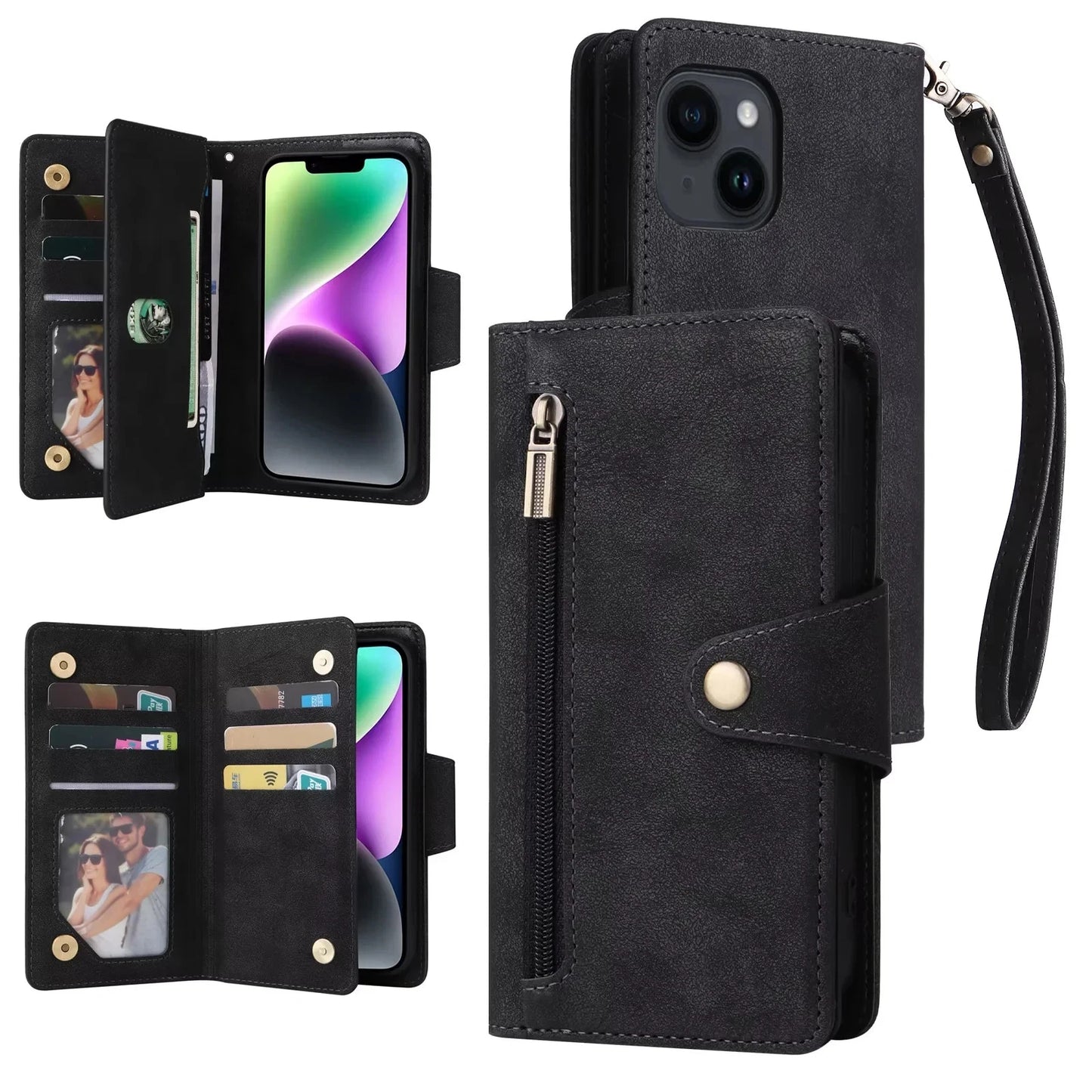 Luxury Wallet Phone Case with Zip Pocket, Card Holder & Wrist Strap
