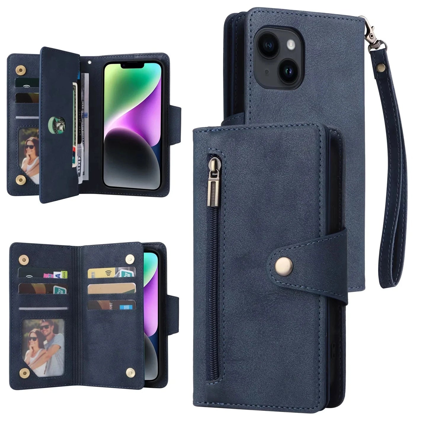 Luxury Wallet Phone Case with Zip Pocket, Card Holder & Wrist Strap