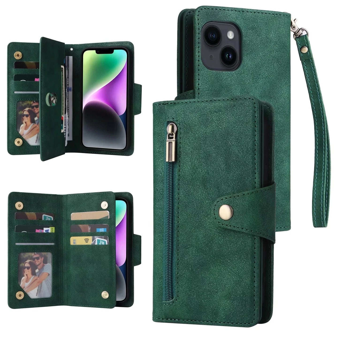 Luxury Wallet Phone Case with Zip Pocket, Card Holder & Wrist Strap