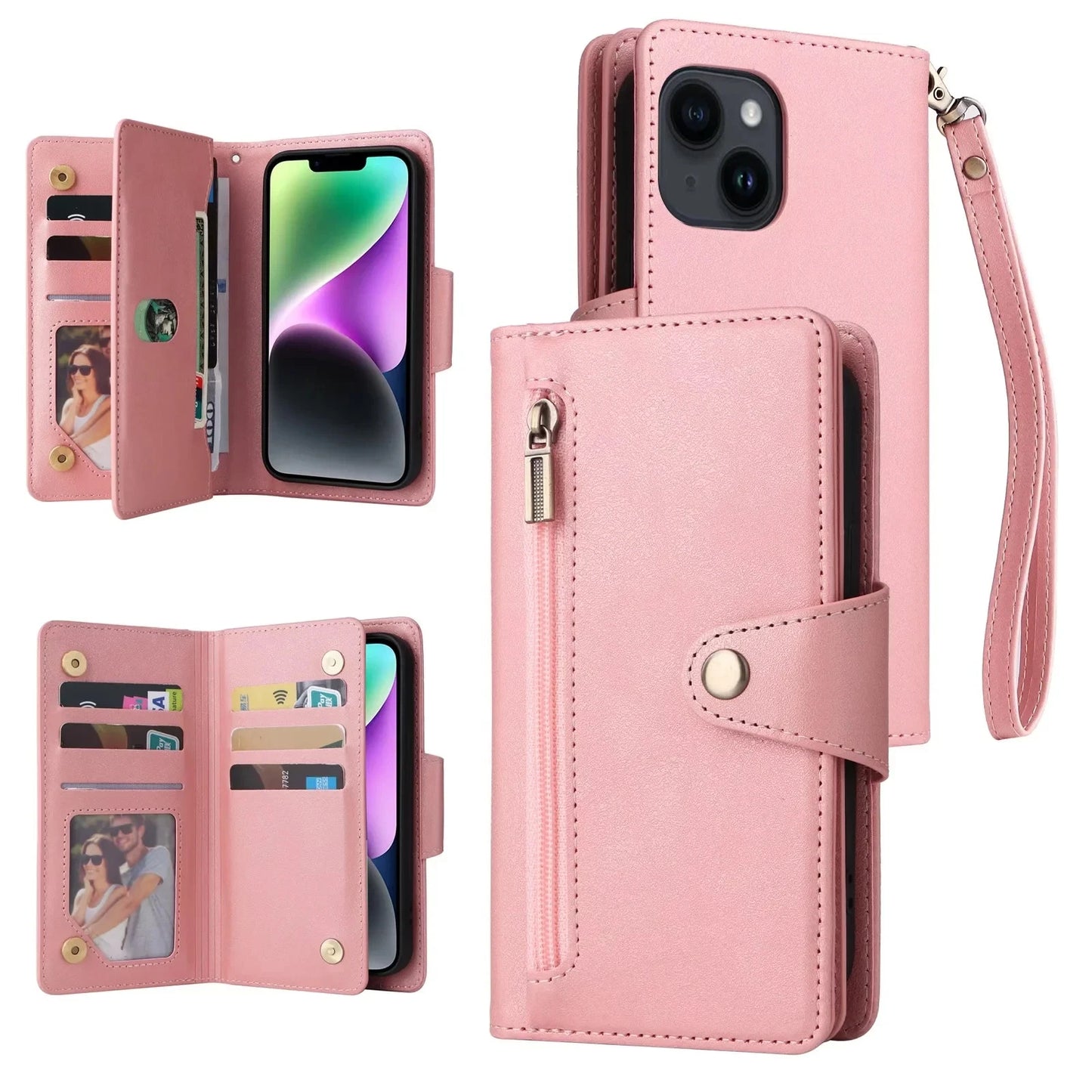 Luxury Wallet Phone Case with Zip Pocket, Card Holder & Wrist Strap