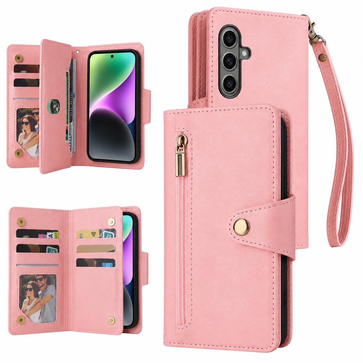Samsung Luxury Wallet Case with Zip Pocket, Card Holder & Wrist Strap